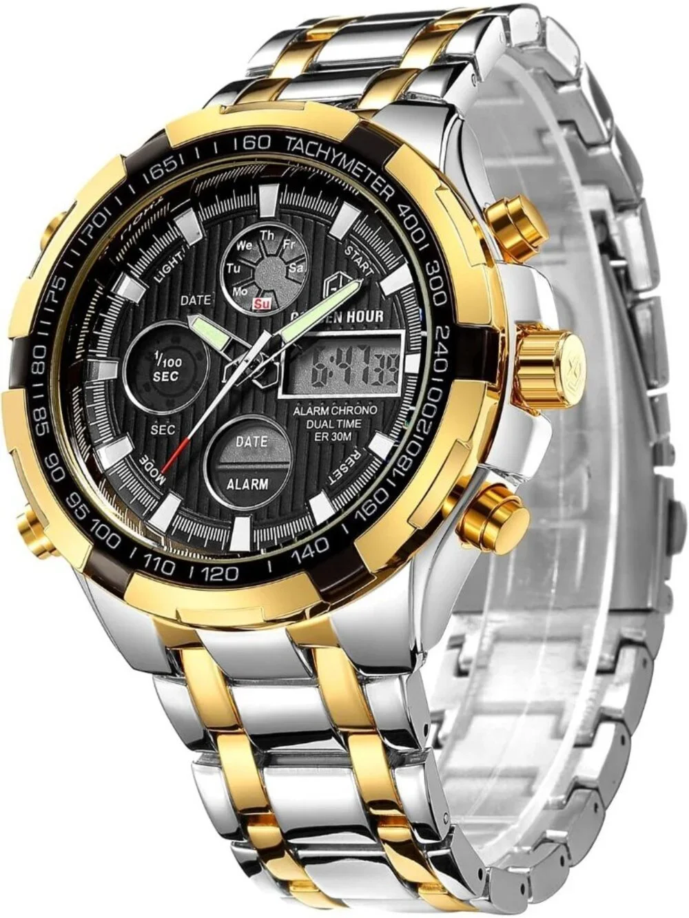 Mens Silver Black Stainless Steel Analog Digital Outdoor Waterproof Luxury Watch